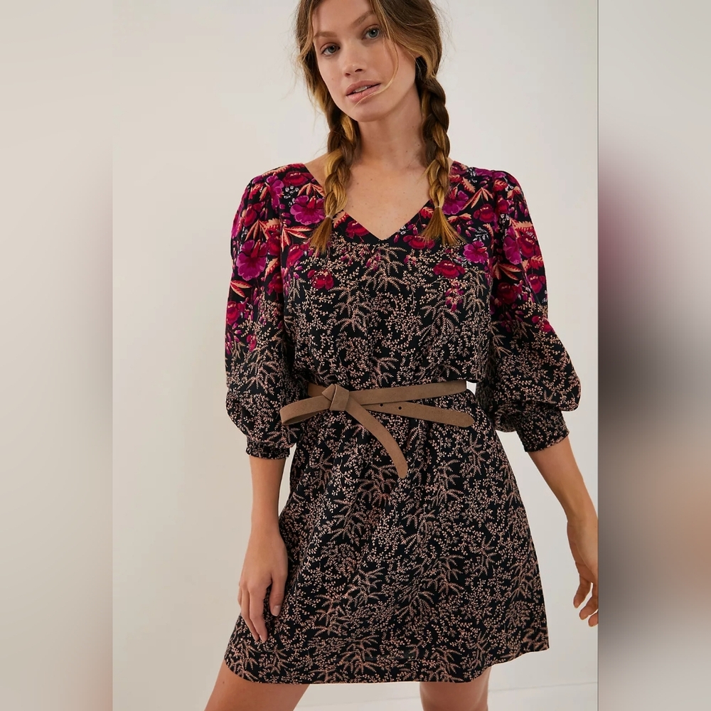 ANTHROPOLOGIE - Cyree Tunic Mini Dress Black Magenta Floral Puff Sleeve